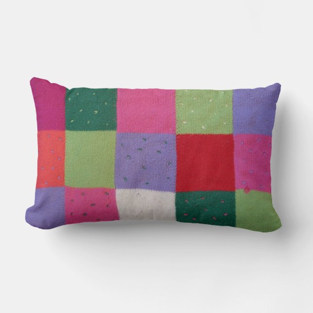 retro hand knitted colourful patchwork squares lumbar pillow (Front)