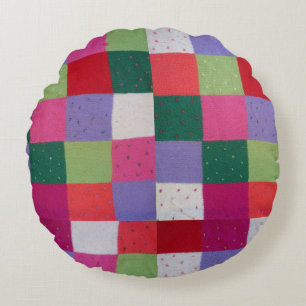 retro hand knitted colourful patchwork squares  round pillow