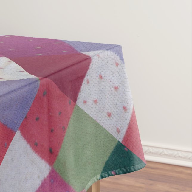 retro hand knitted colourful patchwork squares tablecloth (In Situ)