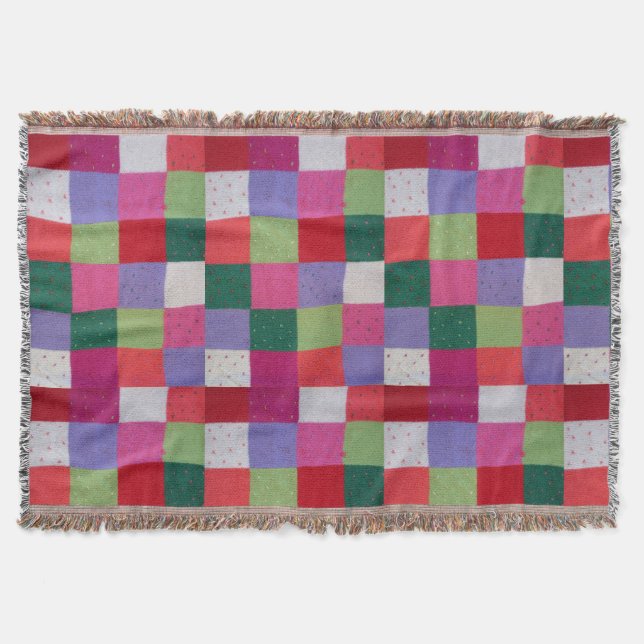 retro hand knitted colourful patchwork squares throw blanket (Front)