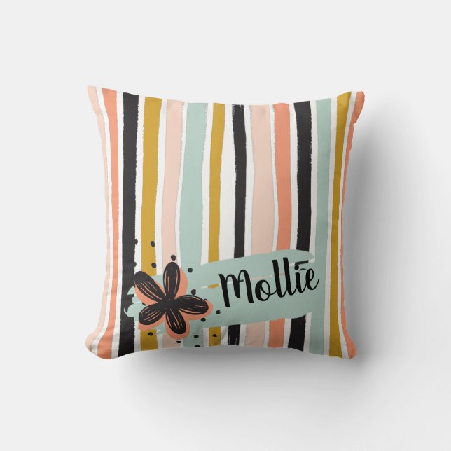 Retro Hand-Painted Stripe Pattern Floral Accent Throw Pillow (Front)