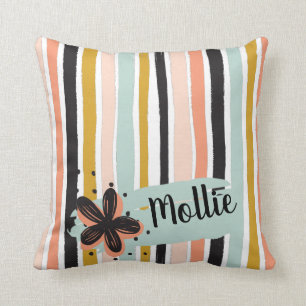 Retro Hand-Painted Stripe Pattern Floral Accent Throw Pillow
