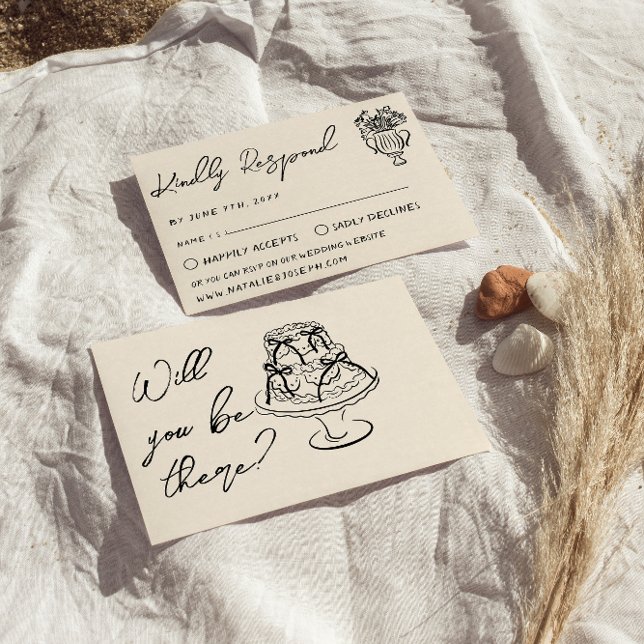 Retro Hand Written Drawn Cake Floral Wedding RSVP Card (Creator Uploaded)