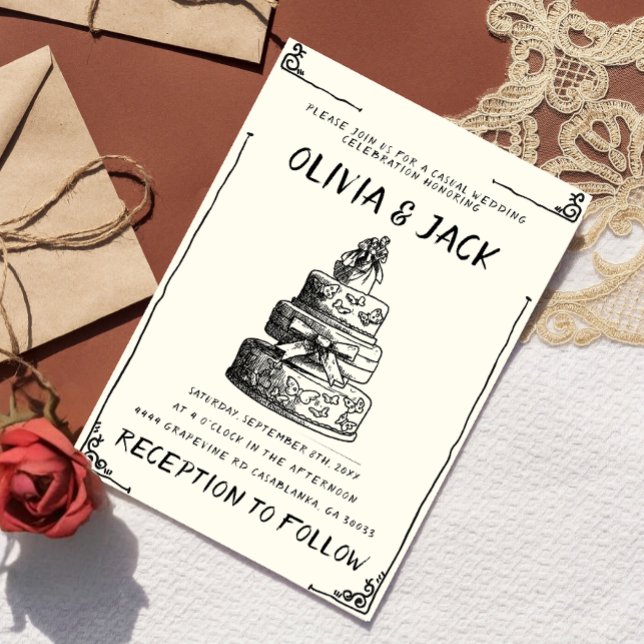 Retro Hand Written Drawn Cake Quirky Frame Wedding Invitation (Creator Uploaded)