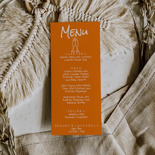 Retro Hand Written Drawn Orange Quirky Fun Wedding Menu (Creator Uploaded)