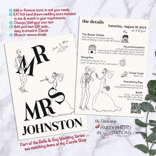 Retro Hand Written Drawn Quirky Wedding Invitation (Bella and Guy Invitation Suite.)