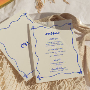 Retro Handwritten Whimsical Blue Wedding Menu Invitation