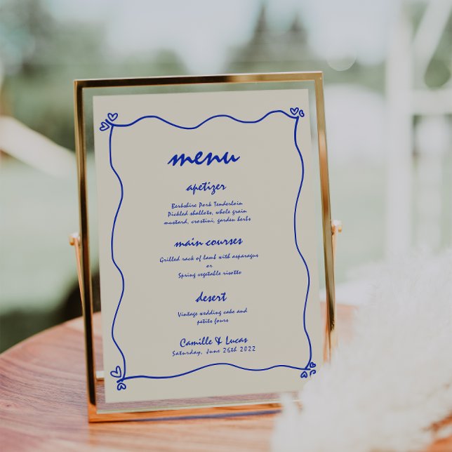 Retro Handwritten Whimsical Blue Wedding Menu Invitation (Creator Uploaded)