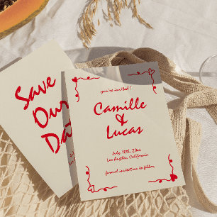 Retro Handwritten Whimsical Red Save the dates Invitation