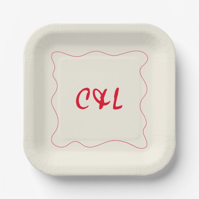 Retro Handwritten Whimsical Red Wedding Paper Plate (Front)