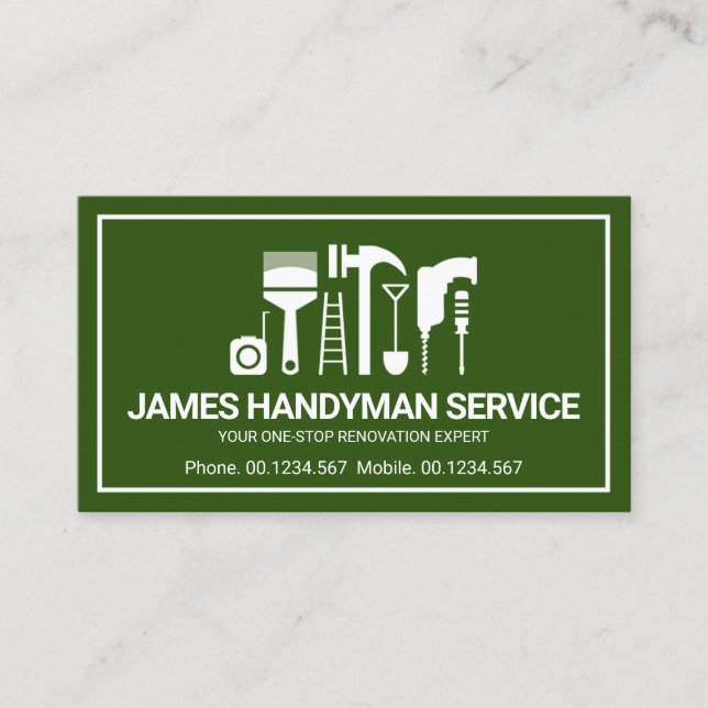 Retro Handyman Tools Motif, Odd Jobs Worker Business Card (Front)