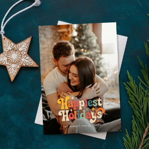 Retro Happiest Holidays Couple Christmas Photo Holiday Card