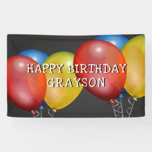 Retro Happy Birthday Balloons on Chalkboard Banner