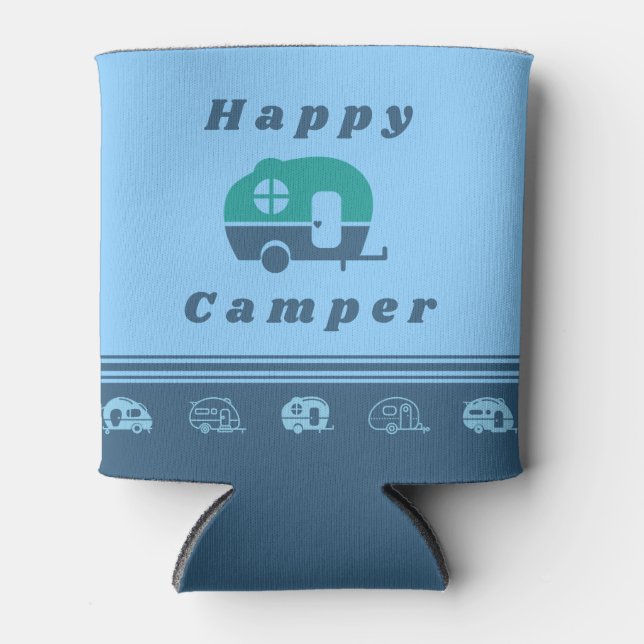 Retro Happy Camper Can Cooler in Blue and Teal (Front)