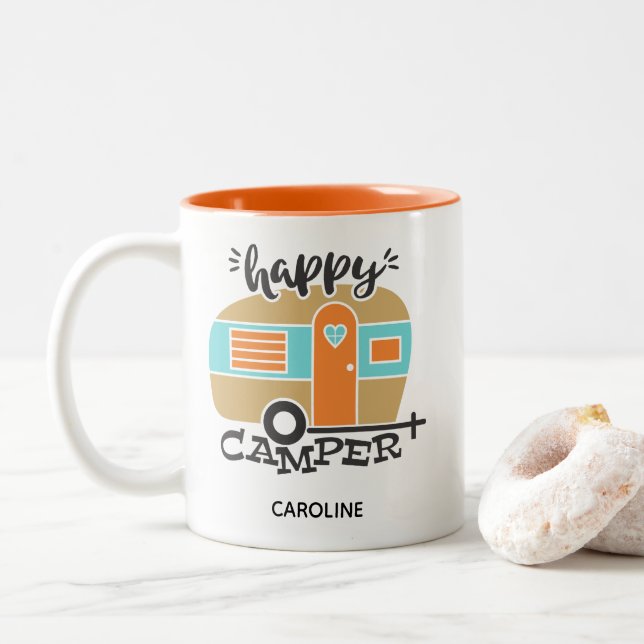 Retro Happy Camper Coral Teal Name Coffee Mug (With Donut)