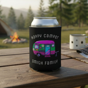 Retro Happy Camper Custom Name Can Cooler