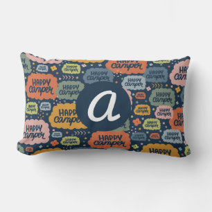 Retro Happy Camper, Playful Outdoor Monogram Lumbar Pillow
