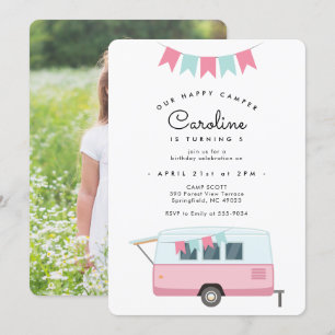 Retro Happy Camper rose Anniversaire Invitation