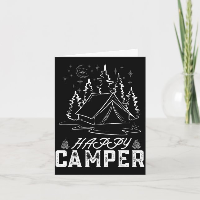 Retro happy camper tent pine forest moon night card (Front)