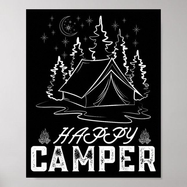 Retro Happy Camper Tent Pine Forest Moon Night Poster (Front)