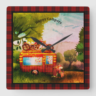 Retro Happy Campers Trailer Trash Buffalo Plaid Square Wall Clock