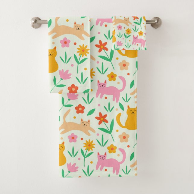 Retro Happy Cats with Orange Red and peach flowers Bath Towel Set (Insitu)