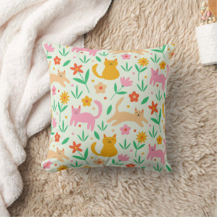 Retro Happy Cats with Orange Red and peach flowers Throw Pillow