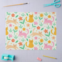 Retro Happy Cats with Orange Red and peach flowers