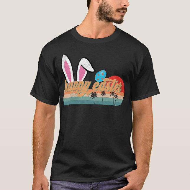 Retro Happy Easter Bunny with Palm Trees Design T-Shirt (Front)