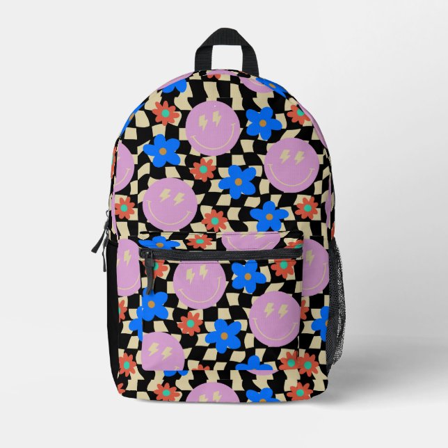 Retro Happy Face Check Flower Printed Backpack (Front)