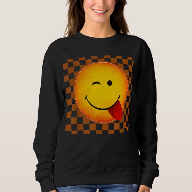 Retro Happy Face  Checkered Pattern Smile Face Tre Sweatshirt (Front)