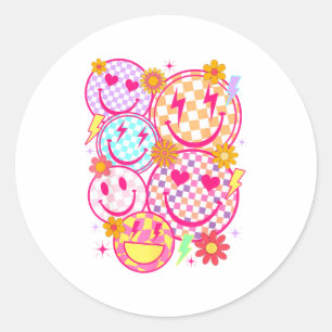 Retro Happy Face Checkered Pattern Smile Face Tren Classic Round Sticker