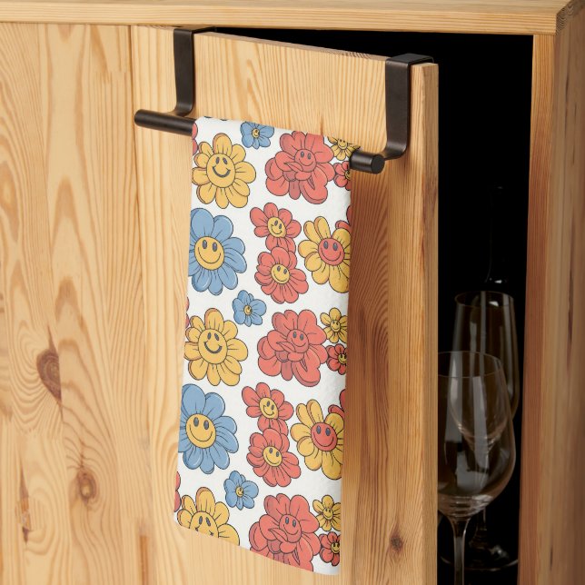 Retro Happy Face Florals  Kitchen Towel (Thirds Fold)