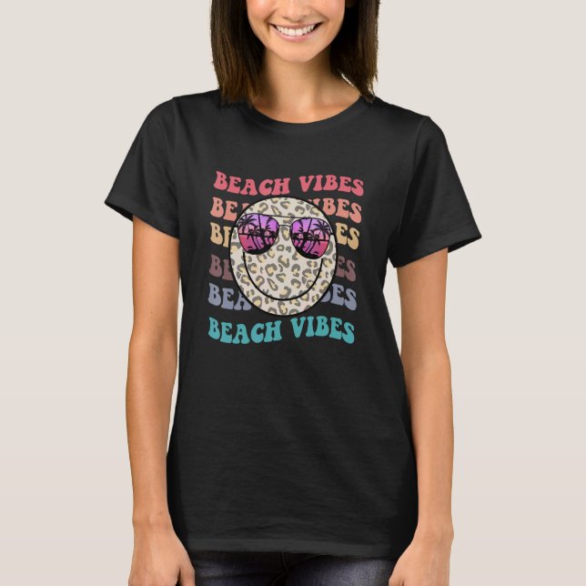 Retro Happy Face Leopard Beach Vibes Summer Vacati T-Shirt (Front)