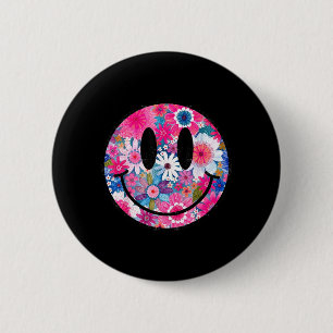 Retro Happy Flowers Smile Face Groovy Boho Design 2 Inch Round Button
