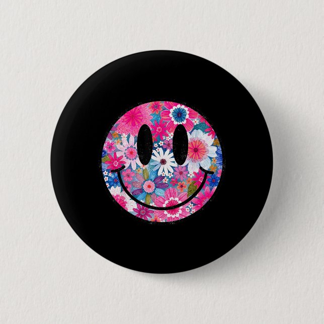 Retro Happy Flowers Smile Face Groovy Boho Design 2 Inch Round Button (Front)
