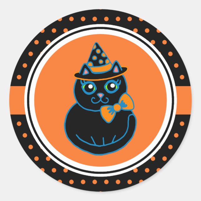 Retro Happy Halloween Black Cat Stickers (Front)