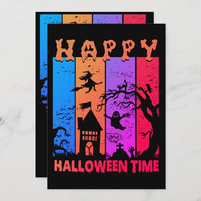 Retro Happy Halloween Witch House Ghost Cemetery Invitation (Front/Back)