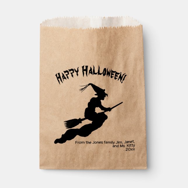 Retro Happy Halloween Witch on a Broom Silhouette Favour Bag (Front)