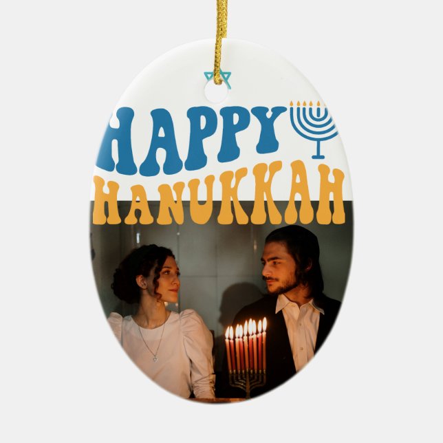 Retro Happy Hanukkah Personalized Photo Ceramic Ornament (Front)