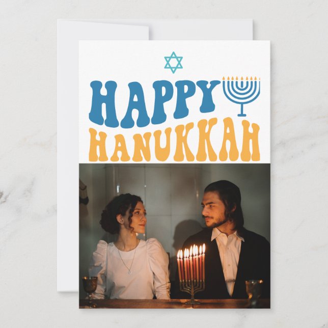 Retro Happy Hanukkah Personalized Photo Holiday Card (Front)