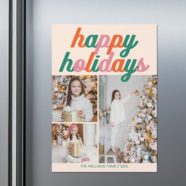Retro Happy Holidays 3 Photo Collage Magnet Card (Créateur téléchargé)