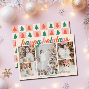 Retro Happy Holidays 5 Photo Collage Ivory Holiday Card