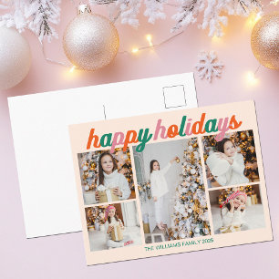 Retro Happy Holidays 5 Photo Collage Ivory Holiday Postcard