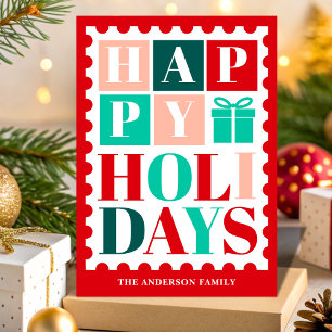 Retro Happy Holidays Christmas Postage Stamp Holiday Card