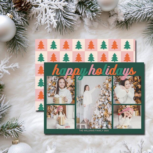 Retro Happy Holidays Cute Green Photo Collage Holiday Card (Creator Uploaded)