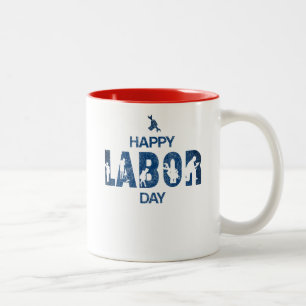 Retro Happy Labour Day In Retro Blue Two-Tone Coffee Mug