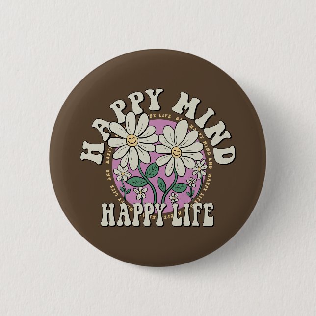 Retro Happy Mind Happy Life 2 Inch Round Button (Front)