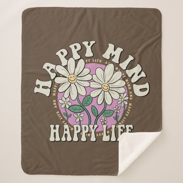 Retro Happy Mind Happy Life Sherpa Blanket (Front)