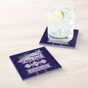 Retro Happy New Year Sign – Celebrate Marquee Glass Coaster